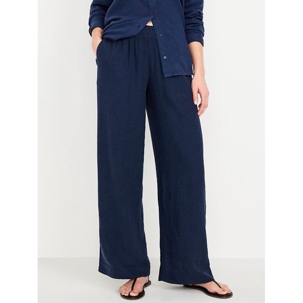 Old Navy Linen Blend High Rise Super Wide Leg Blue Navy Pants Large Petite Short